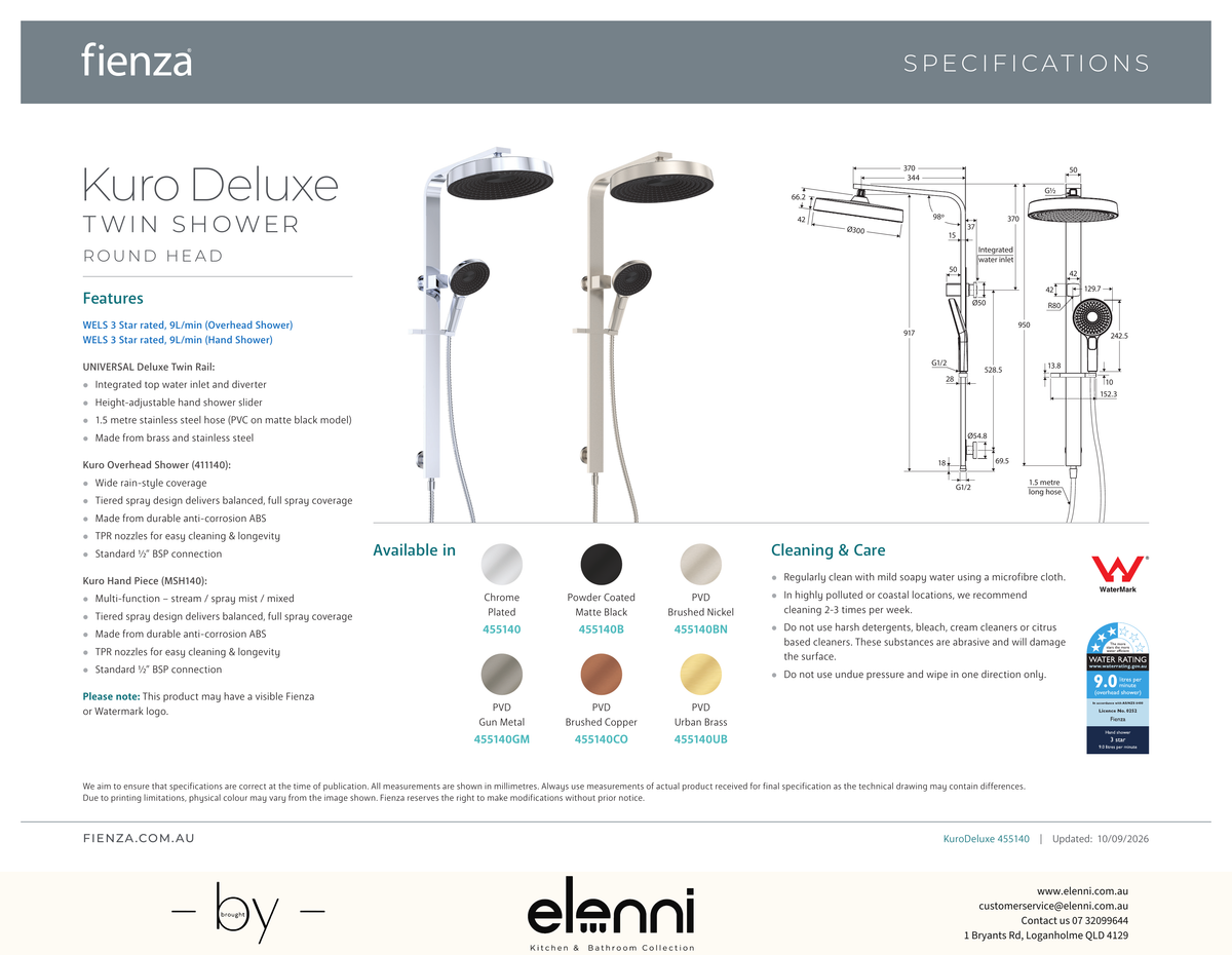 Kuro Deluxe Twin Shower Round Head - Spec sheet