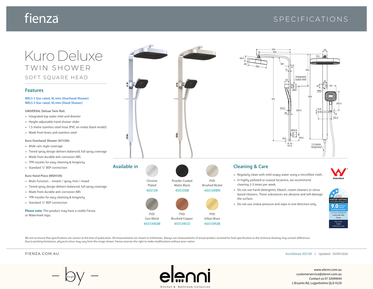 Kuro Deluxe Twin Shower Soft Square Head - Spec sheet