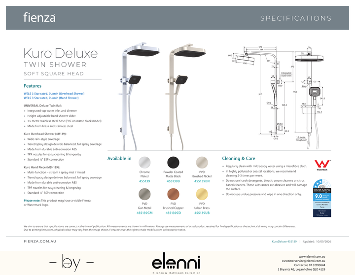 Kuro Deluxe Twin Shower Soft Square Head - Spec sheet