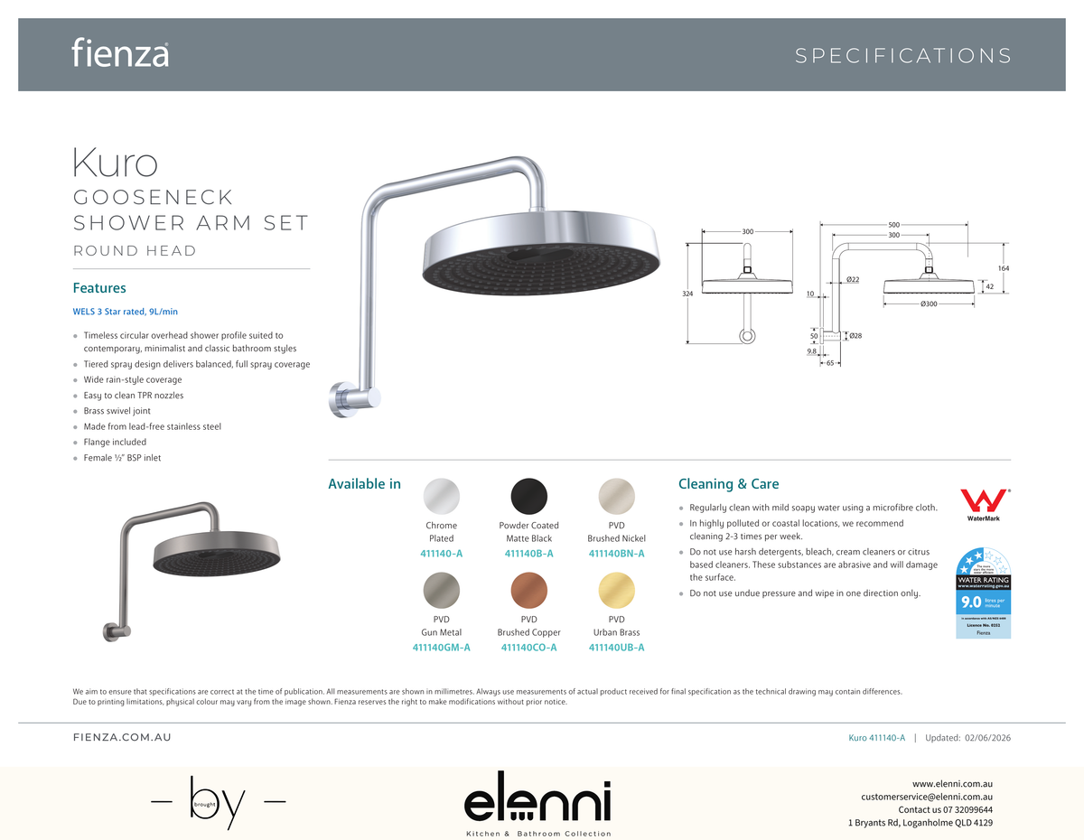 Kuro Gooseneck Shower Arm Set, Round Head - Spec sheet
