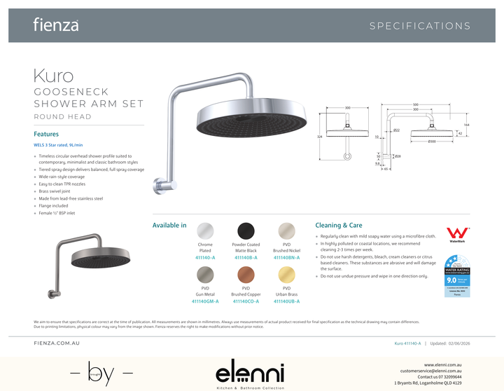 Kuro Gooseneck Shower Arm Set, Round Head - Spec sheet