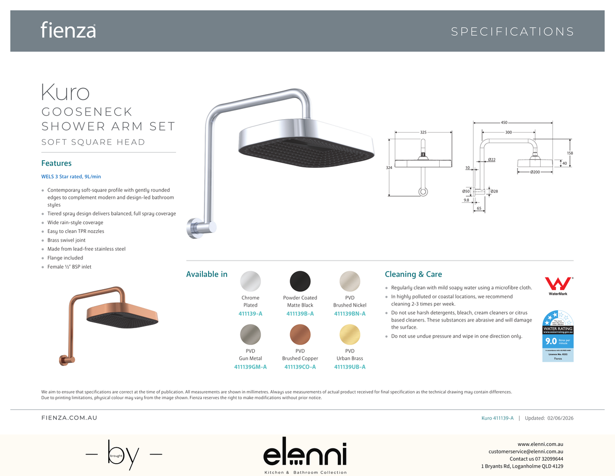 Kuro Gooseneck Shower Arm Set, Soft Square Head - Spec sheet