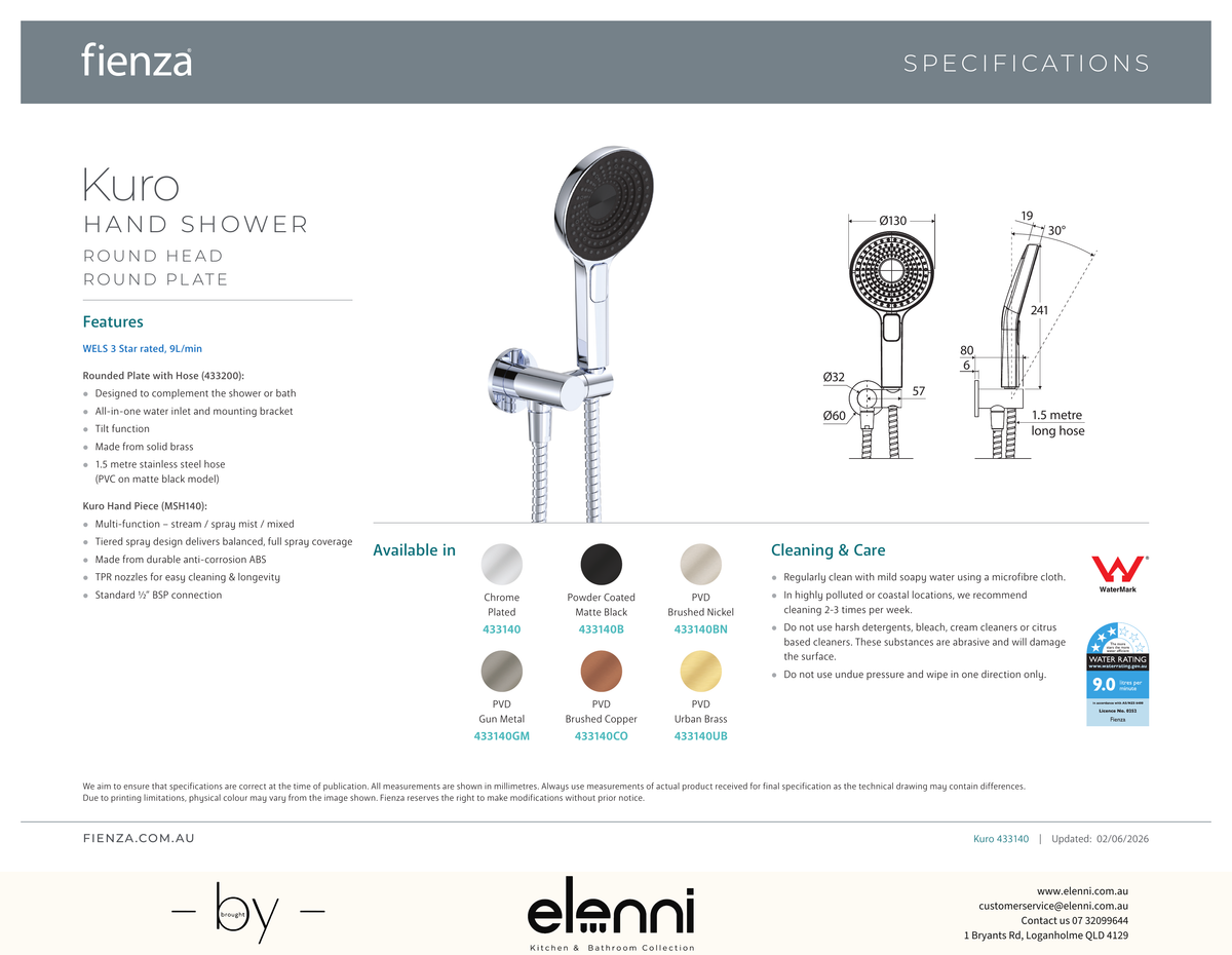 Kuro Hand Shower, Round Plate, Round Head - Spec sheet