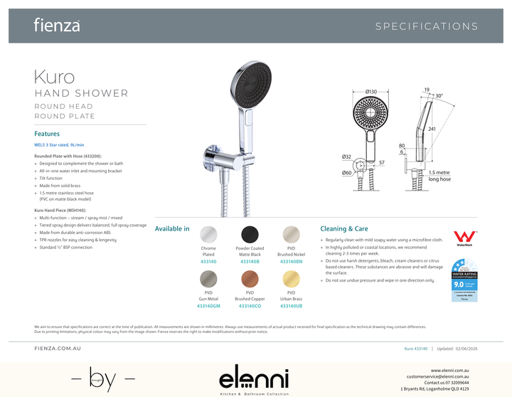 Kuro Hand Shower, Round Plate, Round Head - Spec sheet