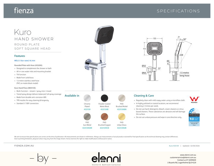 Kuro Hand Shower, Round Plate, Soft Square Head - Spec sheet