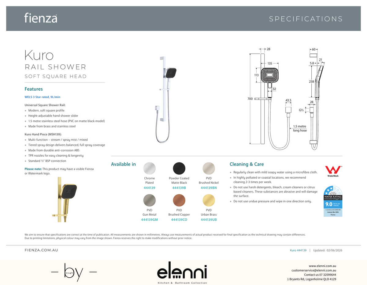 Kuro Rail Shower Soft Square Head - Spec sheet