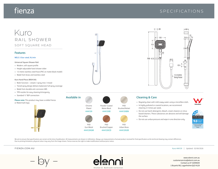 Kuro Rail Shower Soft Square Head - Spec sheet