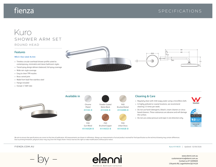 Kuro Shower Arm Set, Round Head - Spec sheet