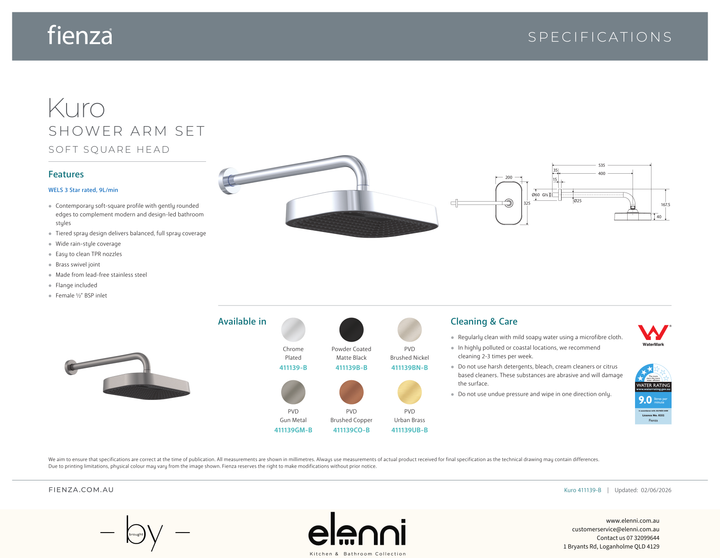 Kuro Shower Arm Set, Soft Square Head - Spec sheet