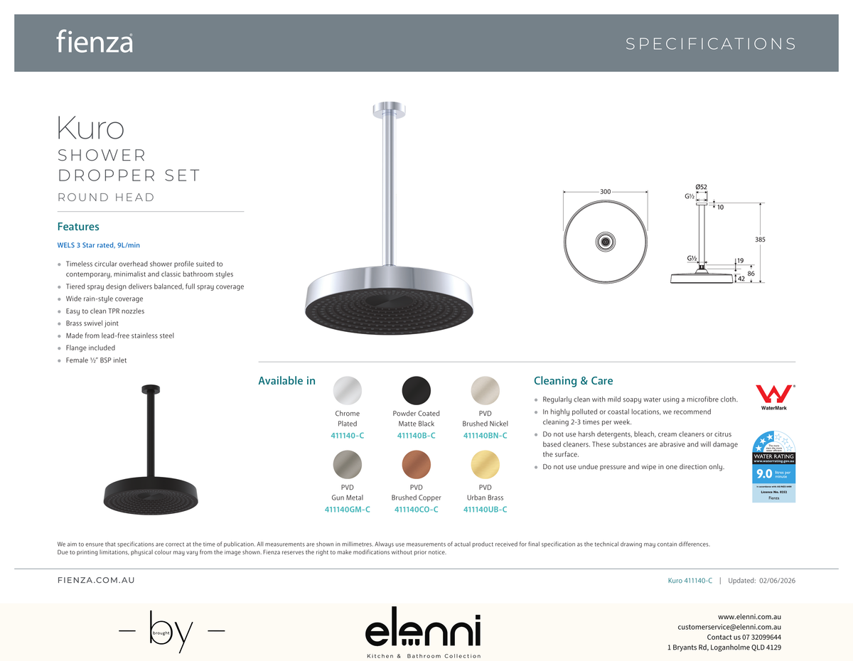 Kuro Shower Dropper Set, Round Head - Spec sheet