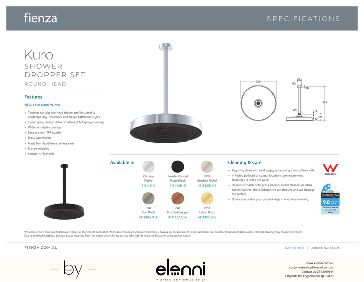 Kuro Shower Dropper Set, Round Head - Spec sheet