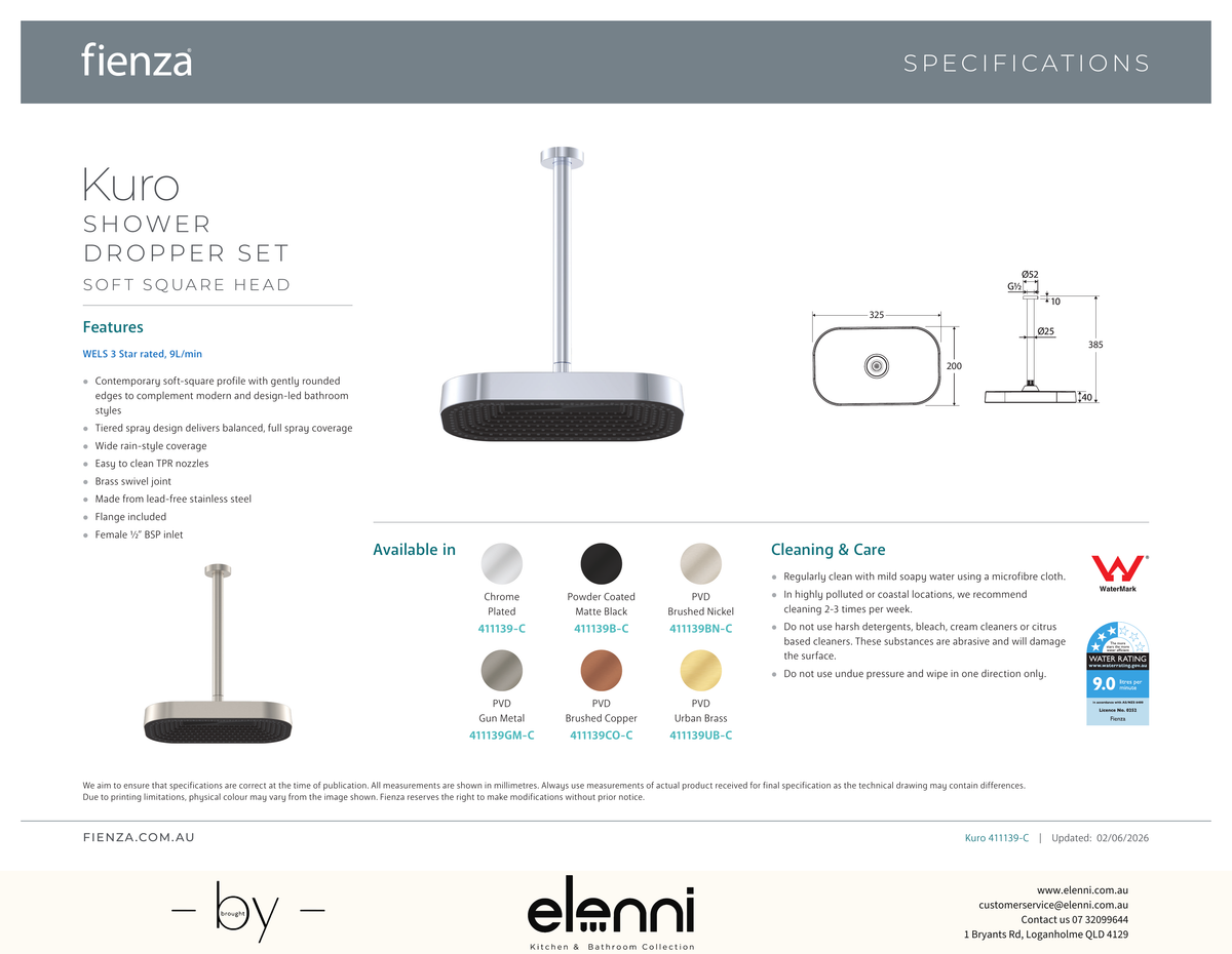 Kuro Shower Dropper Set, Soft Square Head - Spec sheet
