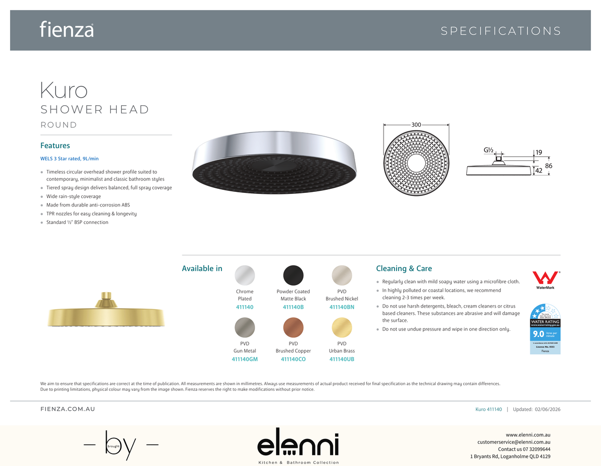Kuro Shower Head, Round - Spec sheet