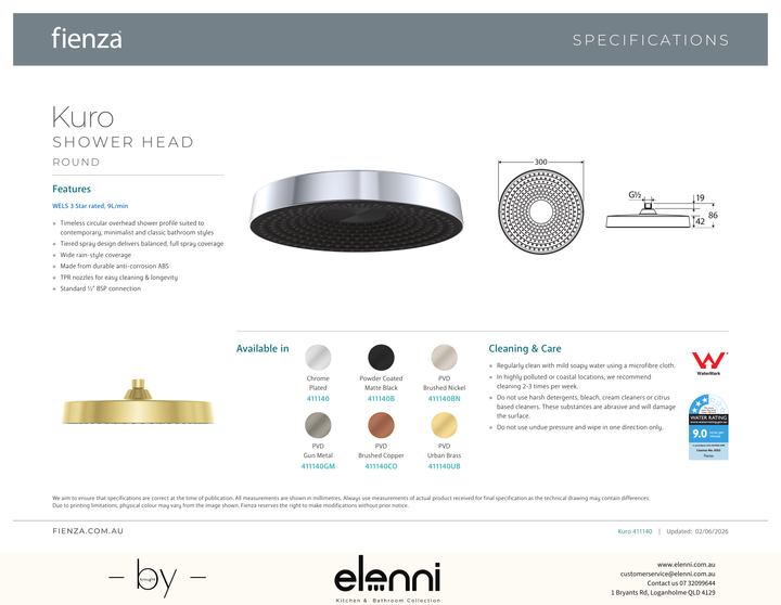 Kuro Shower Head, Round - Spec sheet
