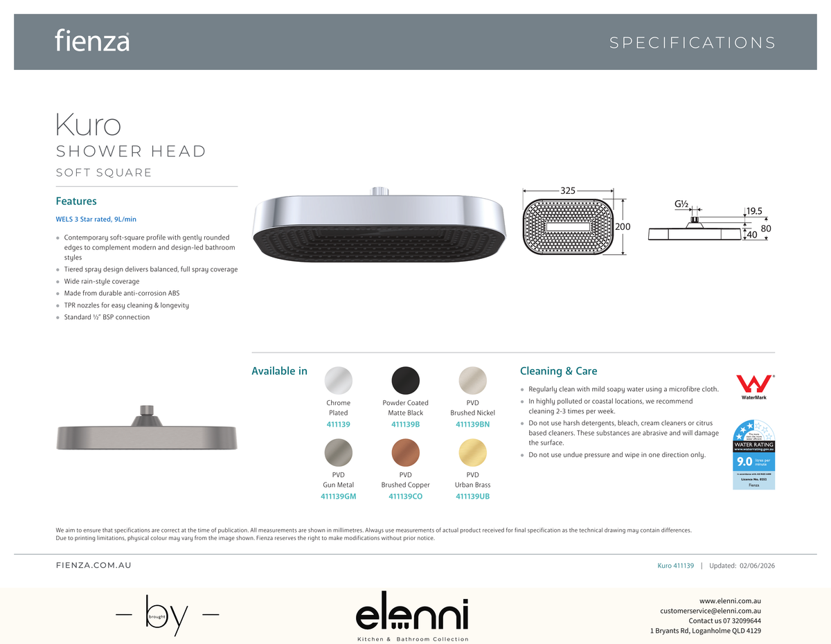 Kuro Shower Head, Soft Square - Spec sheet