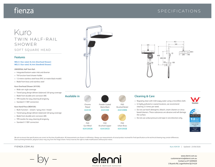 Kuro Twin Half-Rail Shower, Soft Square Head - Spec sheet