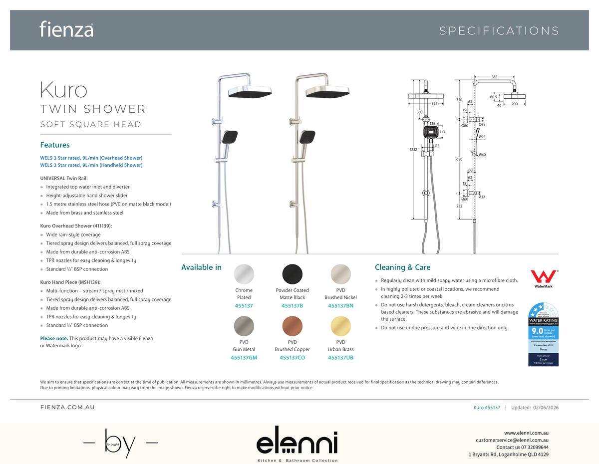 Kuro Twin Shower, Soft Square Head - Spec sheet