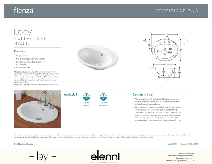 Lacy Fully-Inset Basin - Elenni specification drawing