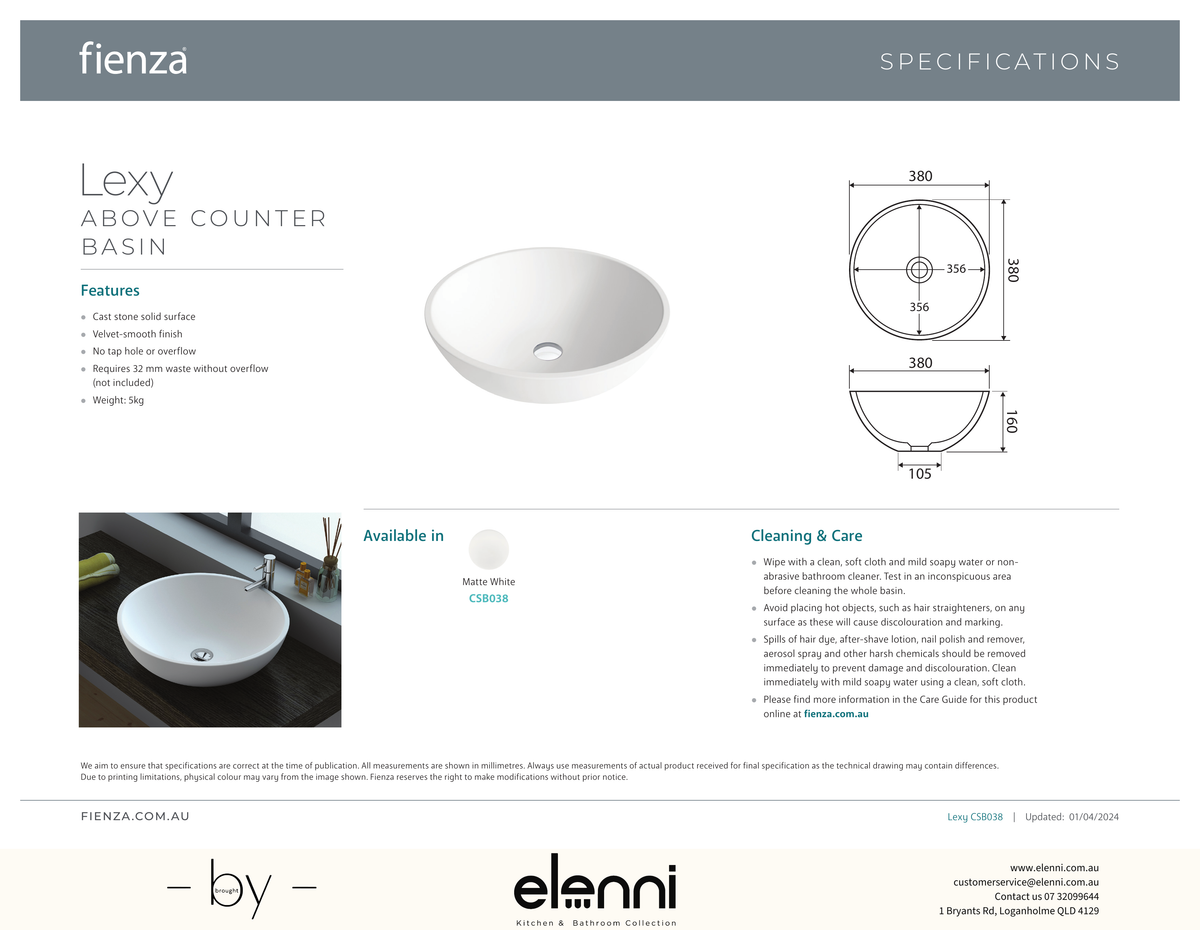 Lexy Solid Surface Above Counter Basin - Elenni specification drawing