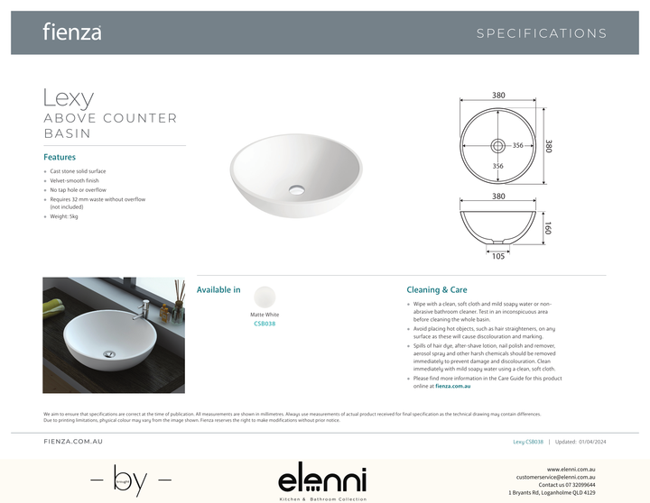 Lexy Solid Surface Above Counter Basin - Elenni specification drawing