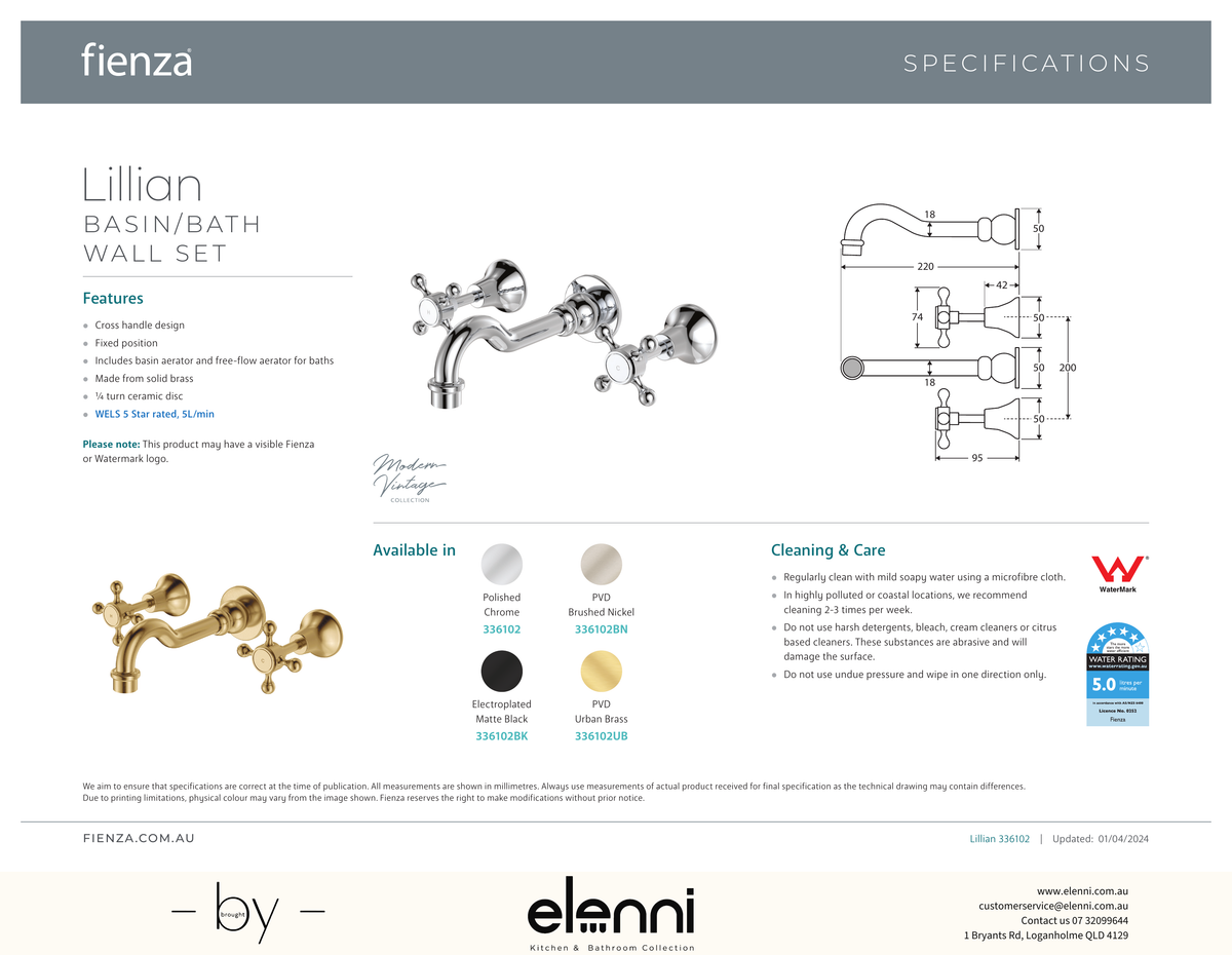 Lillian Basin/Bath Wall Set - Spec sheet