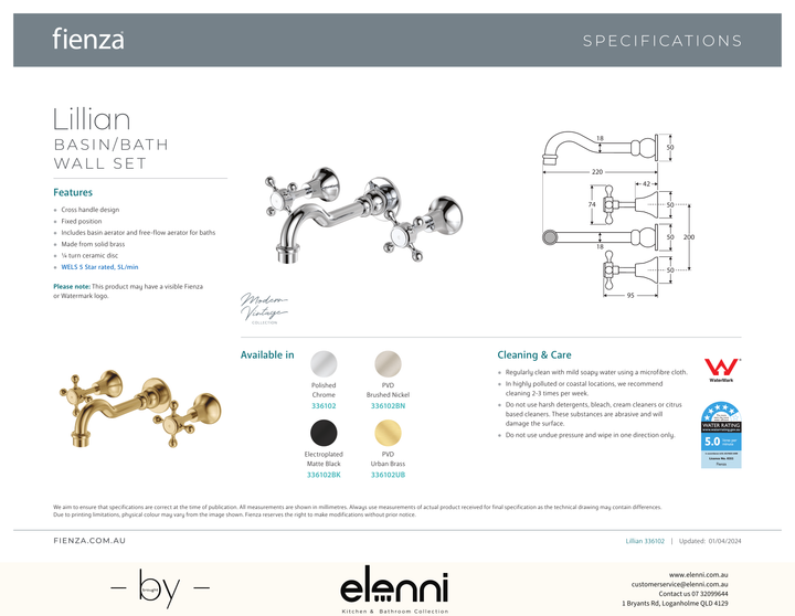 Lillian Basin/Bath Wall Set - Spec sheet