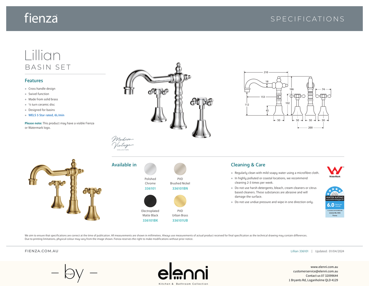 Lillian Basin Set - Spec sheet