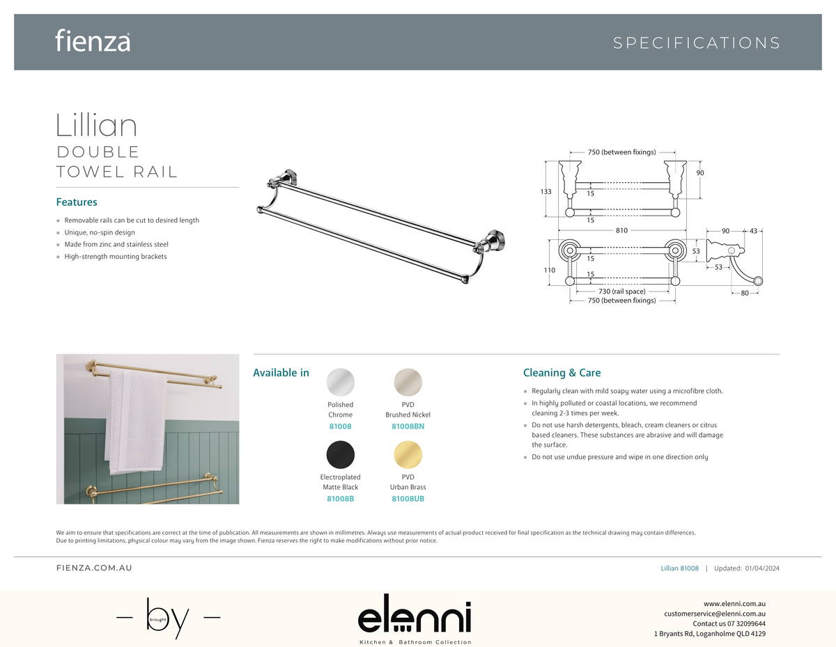 Lillian Double Towel Rail - Spec sheet