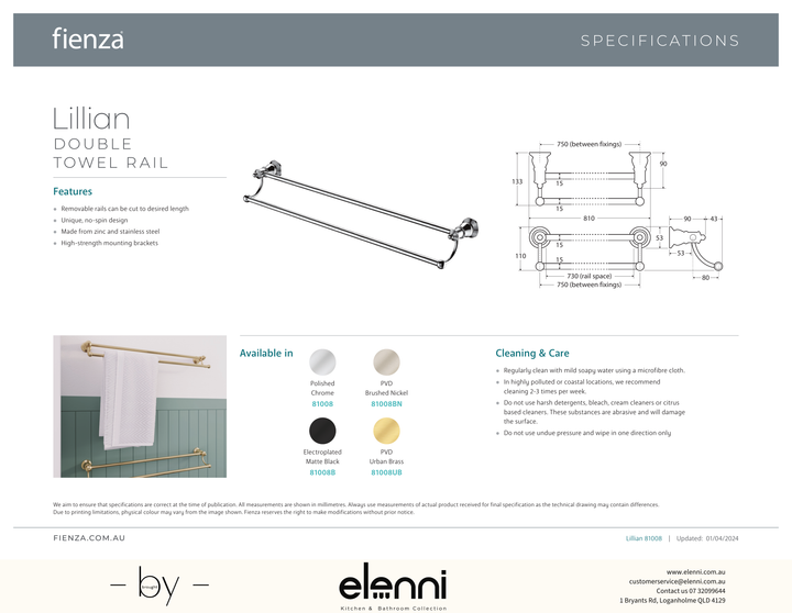 Lillian Double Towel Rail - Spec sheet