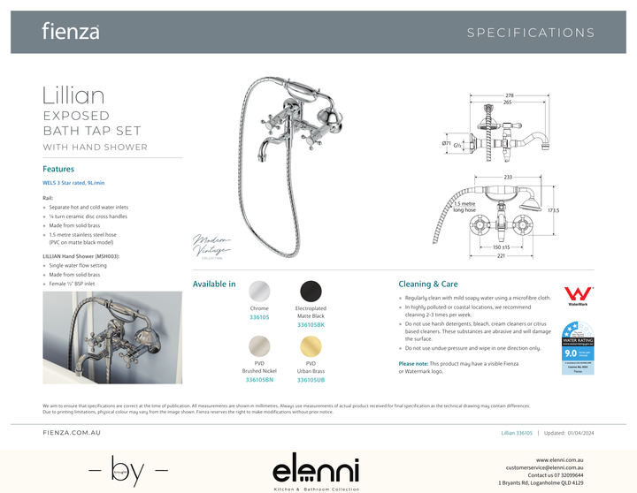 Lillian Lever Exposed Bath Tap Set with Hand Shower - Spec sheet