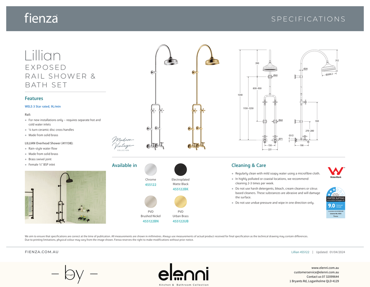 Lillian Exposed Rail Shower &amp; Bath Set - Spec sheet