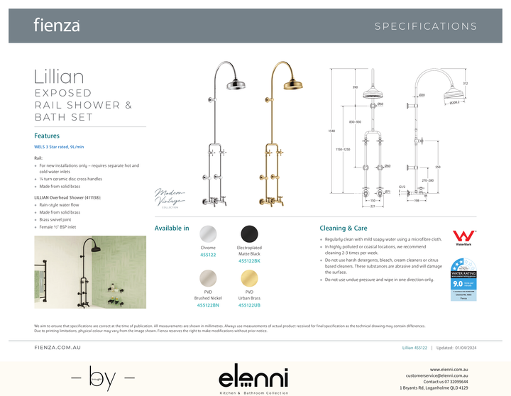Lillian Exposed Rail Shower &amp; Bath Set - Spec sheet