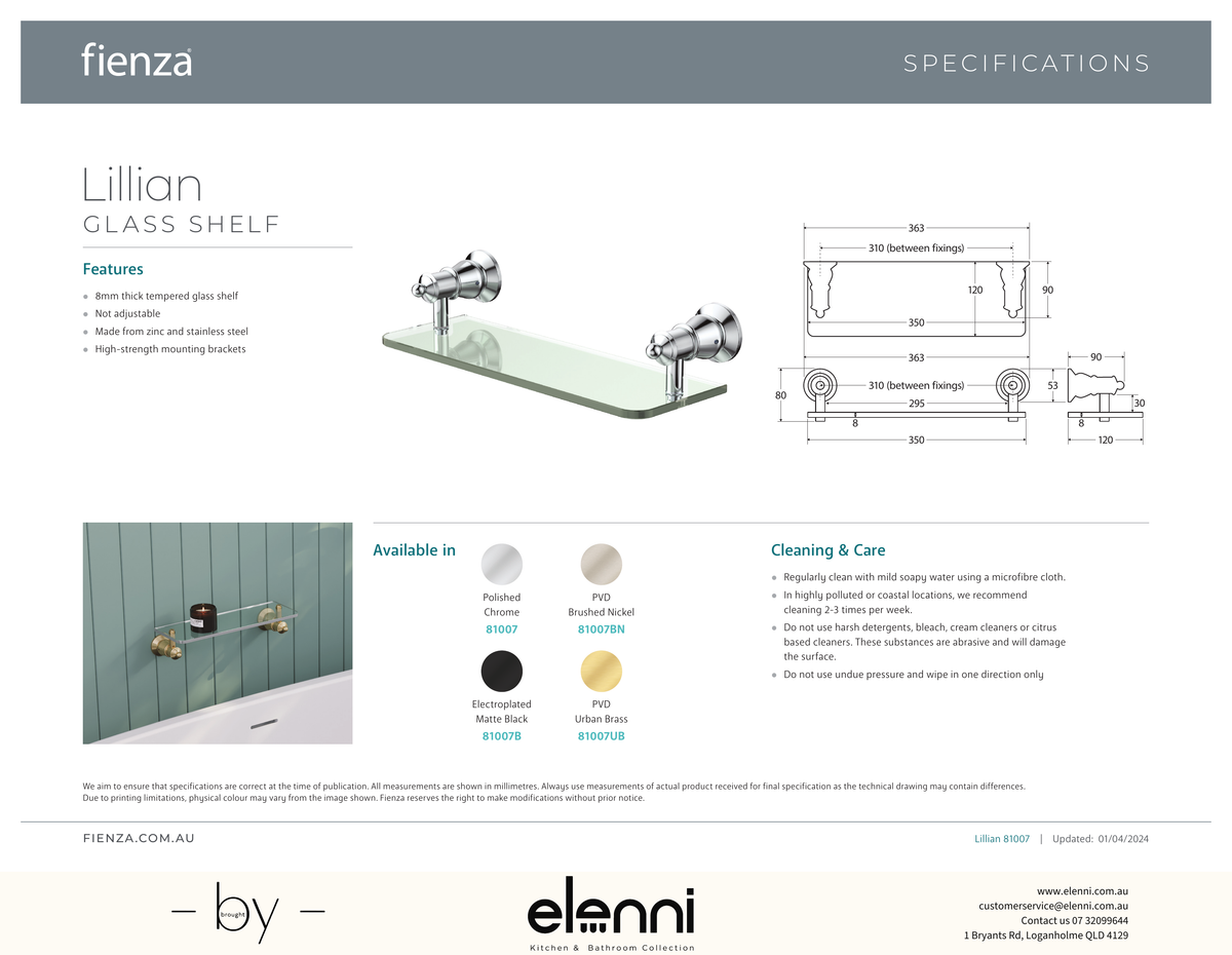 Lillian Glass Shelf - Spec sheet
