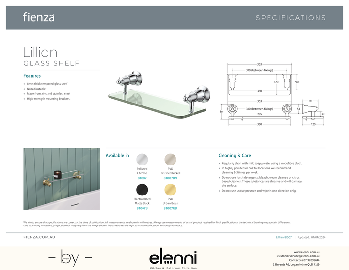 Lillian Glass Shelf - Spec sheet