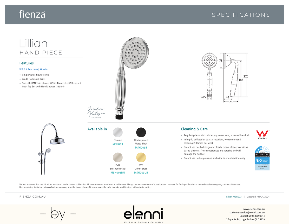 Lillian Hand Piece - Spec sheet