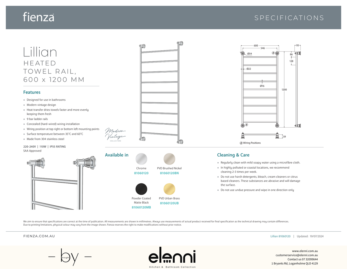 Lillian Heated Towel Rail, 600 x 1200mm - Spec sheet