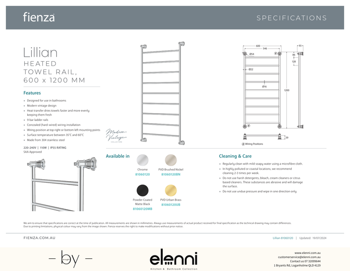 Lillian Heated Towel Rail, 600 x 1200mm - Spec sheet