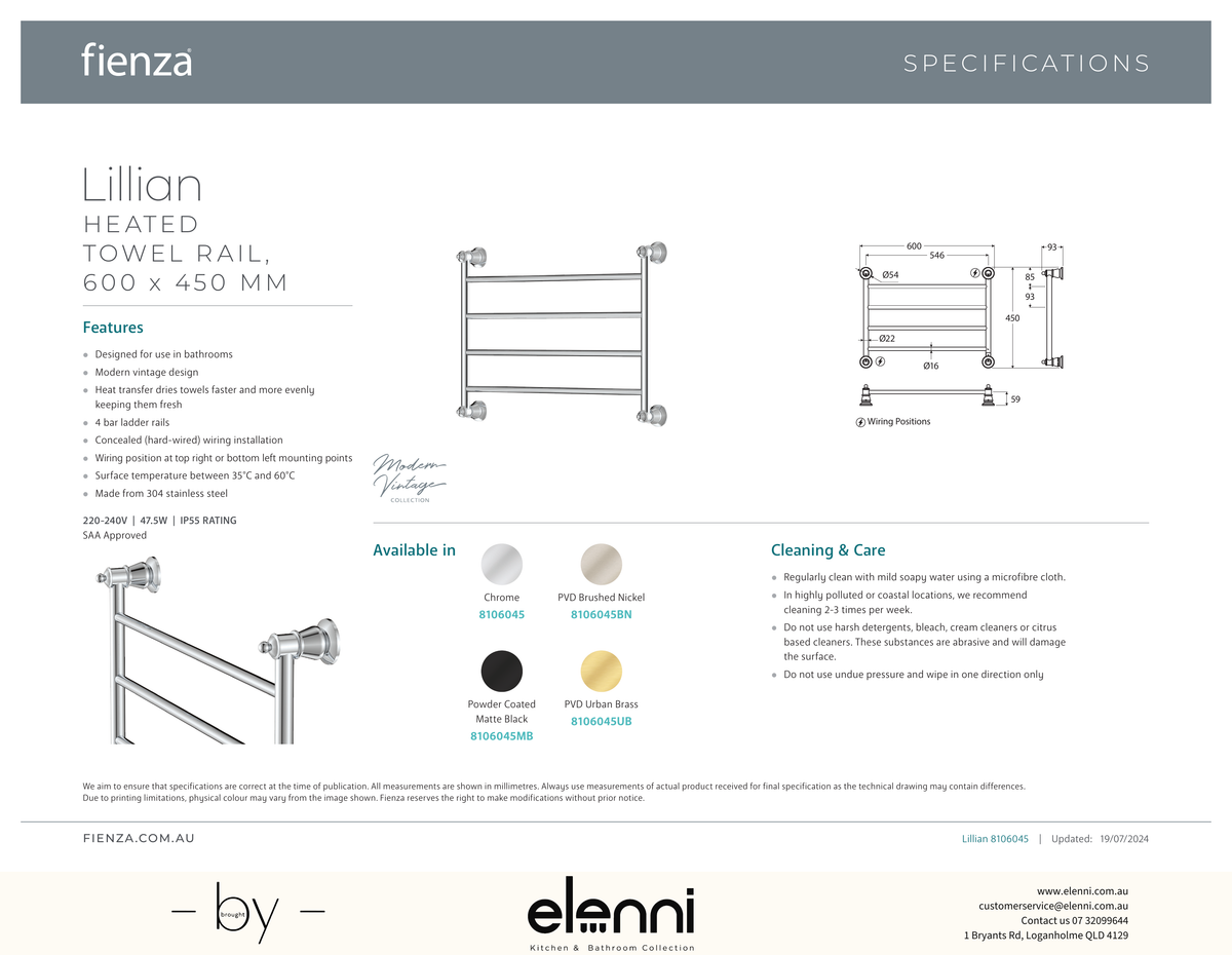 Lillian Heated Towel Rail, 600 x 450mm - Spec sheet