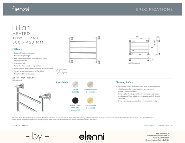 Lillian Heated Towel Rail, 600 x 450mm - Spec sheet