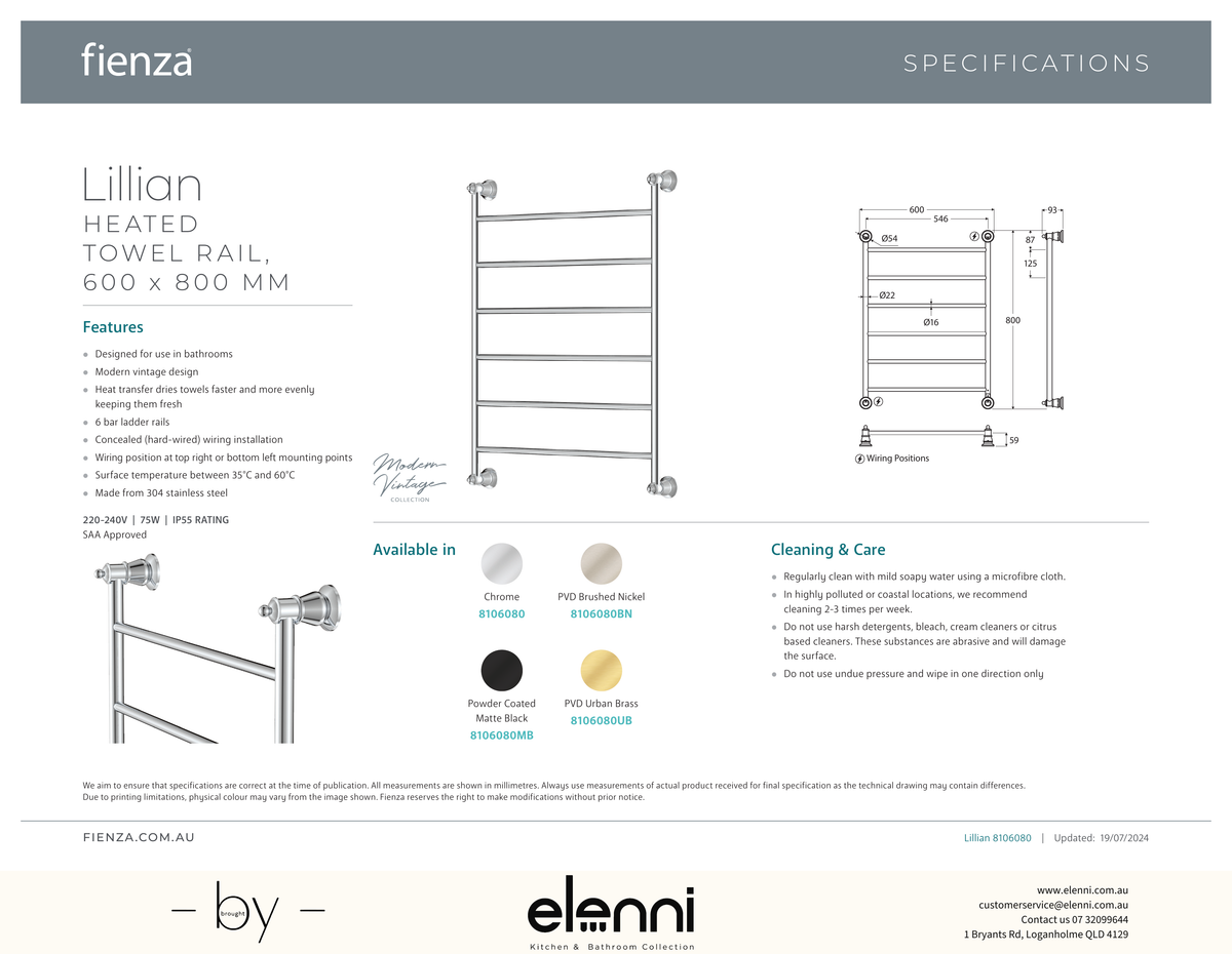 Lillian Heated Towel Rail, 600 x 800mm - Spec sheet