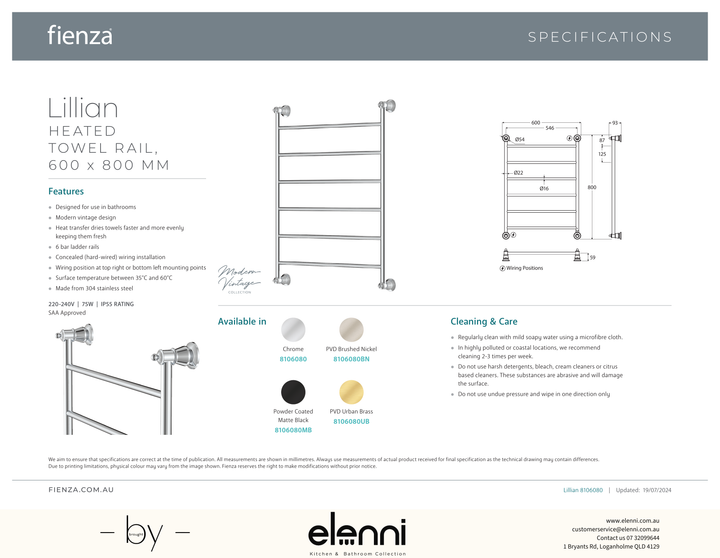 Lillian Heated Towel Rail, 600 x 800mm - Spec sheet