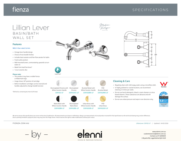 Lillian Lever Basin/Bath Wall Set - Spec sheet