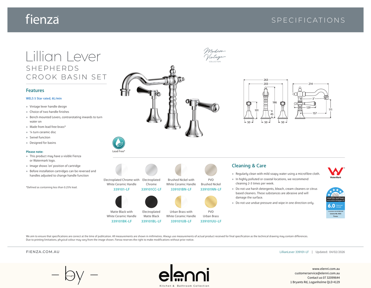 Lillian Lever Basin Set - Spec sheet