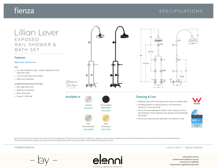 Lillian Lever Exposed Rail Shower &amp; Bath Set - Spec sheet