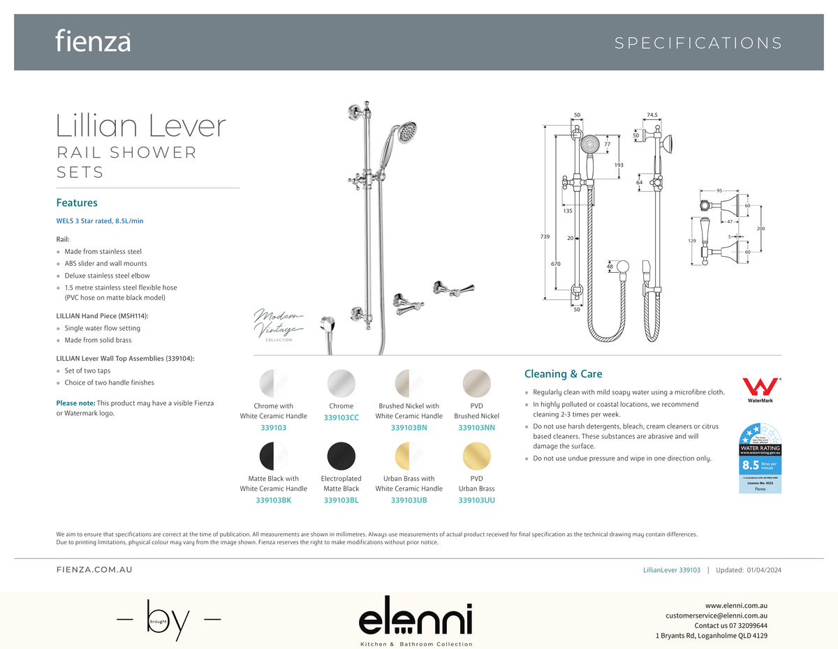 Lillian Lever Rail Shower Set - Spec sheet