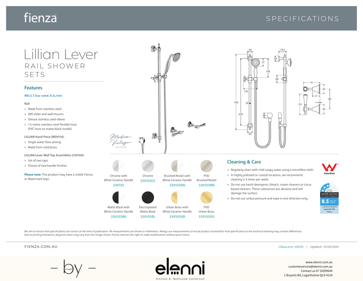 Lillian Lever Rail Shower Set - Spec sheet