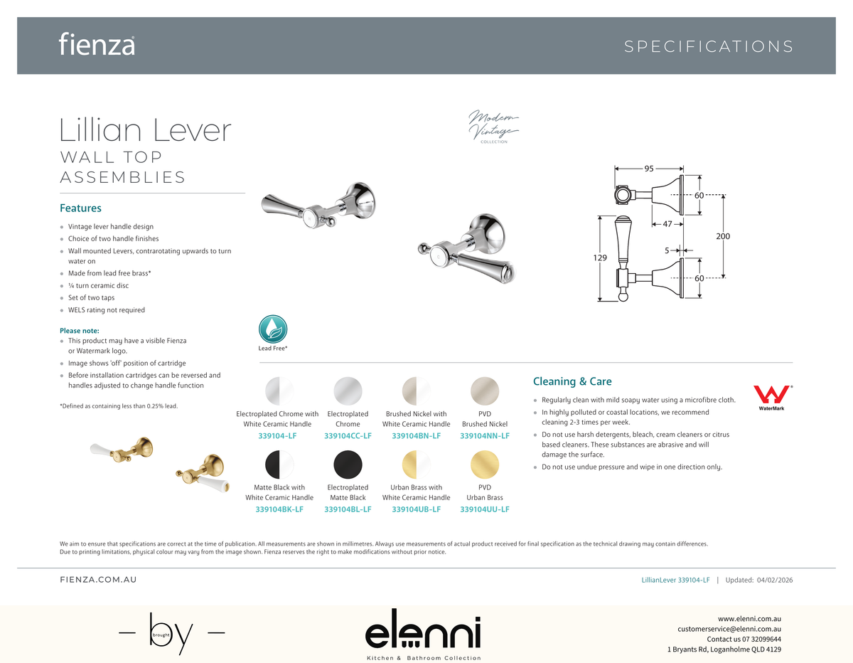 Lillian Lever Wall Top Assemblies - Spec sheet
