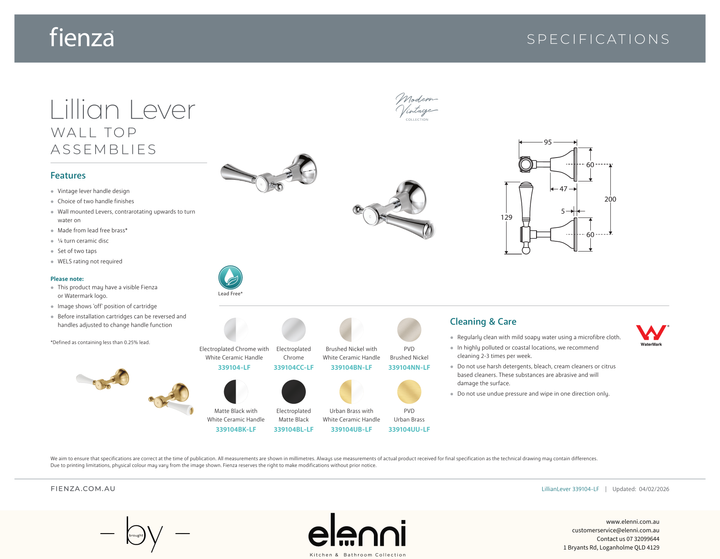 Lillian Lever Wall Top Assemblies - Spec sheet