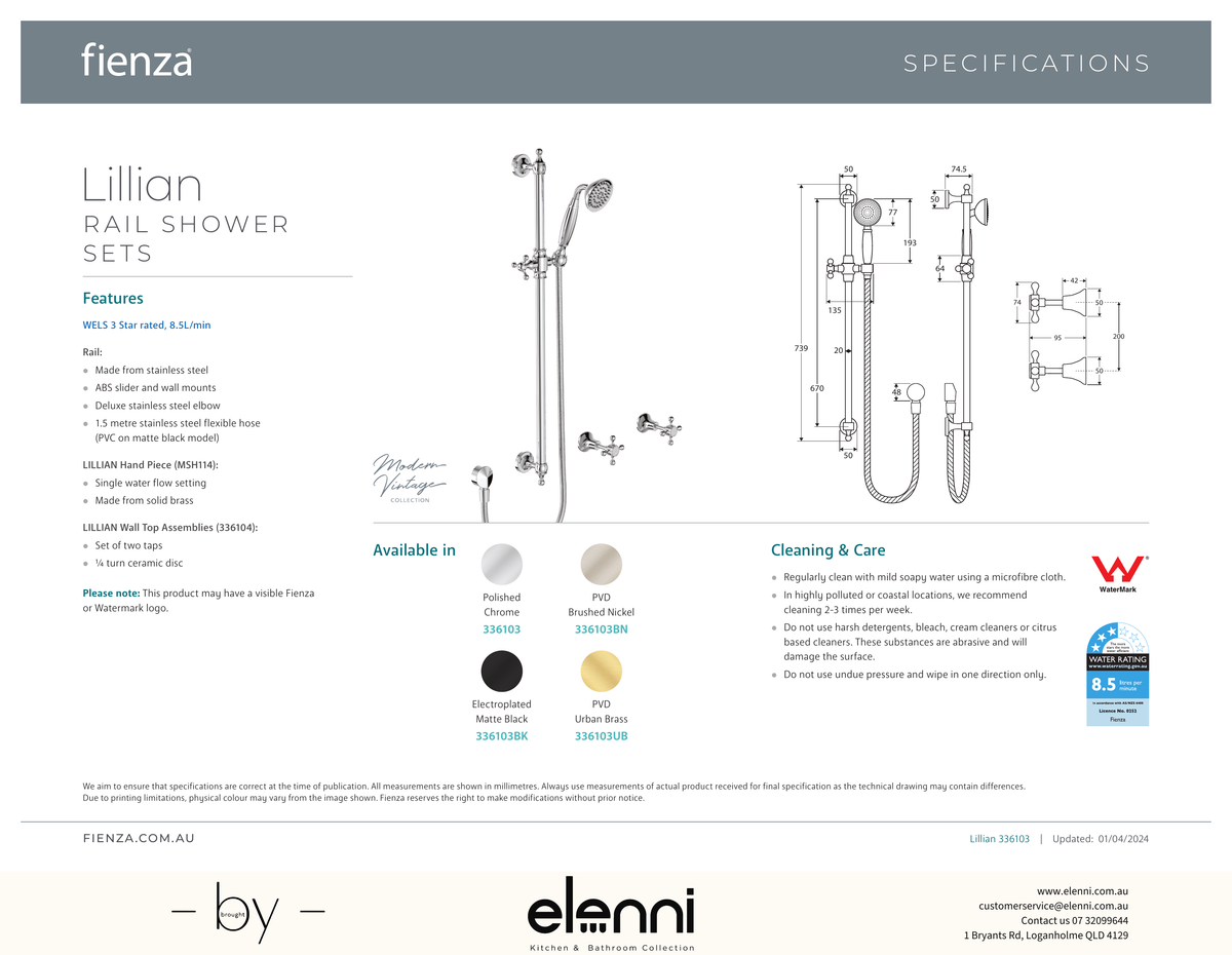 Lillian Rail Shower Set - Spec sheet