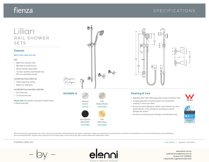 Lillian Rail Shower Set - Spec sheet